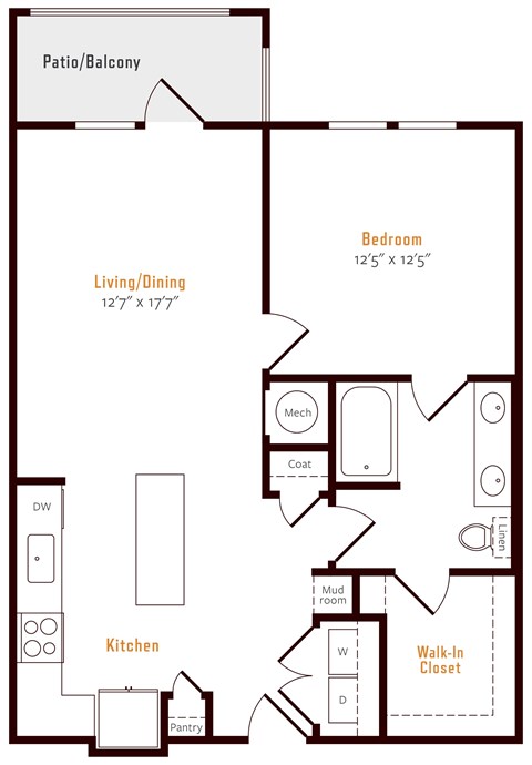 Floor plan for 1 bed, 1 bath, 815 sqft